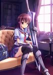  armor bag black_legwear bookbag brown_eyes brown_hair couch curtains gauntlets greaves long_hair michi original school_uniform serafuku smile solo sword table thighhighs weapon window 