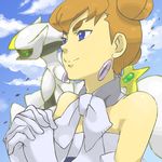  arceus bare_shoulders blue_eyes bow brown_hair earrings gen_4_pokemon gloves hands_clasped jewelry legendary_pokemon mikami own_hands_together pokemon pokemon_(anime) pokemon_(creature) pokemon_(game) pokemon_dp_(anime) pokemon_dppt pokemon_m12 sheena_(pokemon) smile white_gloves 