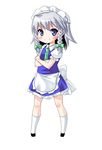  blue_eyes blush braid chibi crossed_arms izayoi_sakuya maid mamedenkyuu_(berun) ribbon short_hair silver_hair simple_background smile solo standing touhou twin_braids 