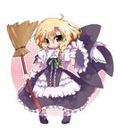  blonde_hair bow braid broom chibi curiosities_of_lotus_asia hair_bow hat hat_bow hat_removed headwear_removed highres holding holding_hat kirisame_marisa ribbon short_hair solo take_tonbo touhou witch_hat wrist_cuffs yellow_eyes 