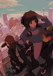  bad_id bad_pixiv_id brown_eyes brown_hair building highres multiple_girls original robot shoes shorts skyscraper sweater tomioka_jirou 