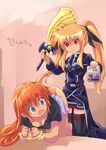  :&lt; alternate_weapon barefoot bdsm black_legwear blonde_hair blue_eyes bondage bound bound_wrists empty_eyes fan fate_testarossa harisen kouno_hikaru long_hair lyrical_nanoha mahou_shoujo_lyrical_nanoha_strikers multiple_girls orange_hair red_eyes spanking teana_lanster tears thighhighs twintails weapon 