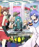  3girls aqua_eyes aqua_hair asaki_(artist) bad_id bad_pixiv_id blonde_hair blue_eyes blue_hair blue_scarf brown_eyes brown_hair detached_sleeves gloves hair_ornament hair_ribbon hairclip hatsune_miku headphones headset holding_hands kagamine_len kagamine_rin kaito kamui_gakupo meiko microphone microphone_stand midriff multiple_boys multiple_girls necktie radio_booth ribbon scarf short_hair shorts skirt smile studio thighhighs twintails v vocaloid 