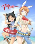  agahari animal_ears asymmetrical_clothes bandana bandeau belt black_hair blue_eyes blush boots breasts bunny_ears cat_ears charlotte_e_yeager closed_eyes fang flat_chest francesca_lucchini front-tie_top innertube large_breasts long_hair midriff multiple_girls navel one-piece_swimsuit one_eye_closed orange_hair pirate scabbard sheath shirt single_pantsleg smile strapless strike_witches striped swimsuit sword tail tied_shirt tubetop underboob weapon world_witches_series 