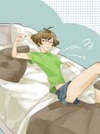  akizuki_ryou antenna_hair bad_id bad_pixiv_id bed brown_hair closed_eyes glasses idolmaster idolmaster_dearly_stars male_focus mbsh otoko_no_ko pillow shirt short_hair shorts sleeping solo t-shirt 