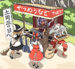  blonde_hair broom food food_stand fujiwara_no_mokou hakurei_reimu kirisame_marisa mitsumoto_jouji multiple_girls mystia_lorelei okamisty ribbon touhou yatai 