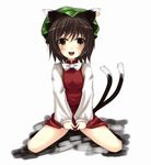  animal_ears brown_hair cat_ears cat_tail chen earrings hat jewelry moccy multiple_tails short_hair solo tail touhou 