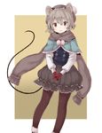  akagashi_hagane alternate_costume animal_ears black_legwear blush capelet gloves grey_hair hat looking_at_viewer mouse_ears mouse_tail nazrin pantyhose red_eyes red_gloves scarf short_hair skirt smile solo tail touhou 