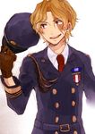  1boy alternate_costume blonde_hair gloves hat headwear_removed mako1124 male male_focus military military_uniform one_piece sabo_(one_piece) scar smile solo uniform 