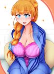  alternate_hairstyle asymmetrical_hair blue_eyes blush braid breasts bustier casual cleavage galko hair_over_shoulder huge_breasts jacket long_hair open_clothes open_jacket orange_hair oshiete!_galko-chan pillow ponpo scrunchie side_braid side_bun single_braid sitting smile solo sparkle striped track_jacket track_suit v_arms vertical_stripes 