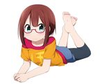  barefoot bespectacled blue_eyes blush brown_hair capri_pants cosplay feet glasses kousaka_honoka kousaka_honoka_(cosplay) kousaka_yukiho leggings legs_up looking_at_viewer love_live! love_live!_school_idol_project lying miyako_hito on_stomach pants short_hair solo the_pose 