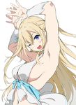  ;d amagi_brilliant_park armpits arms_up blonde_hair blue_eyes breasts detached_sleeves highres long_hair medium_breasts navel one_eye_closed open_mouth sideboob simple_background smile solo sylphy_(amaburi) upper_body white_background yoshiki360 