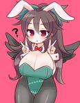  :o ? animal_ears black_hair black_legwear black_wings blush bow bowtie breasts bunny_ears bunnysuit cleavage detached_collar double_v large_breasts long_hair marshmallow_mille open_mouth pantyhose pink_background ponytail red_background red_eyes reiuji_utsuho simple_background solo touhou tsurime v wings wrist_cuffs 