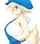  bare_shoulders blonde_hair blue_eyes blush breasts fox_tail hat huge_breasts original overalls pointy_ears profile sakaki_(noi-gren) short_hair simple_background smile solo tail white_background 