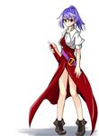  bad_id bad_pixiv_id belt blouse blue_hair boots breasts cross-laced_footwear dress full_body hand_on_hilt looking_at_viewer medium_breasts ponytail red_eyes shadow shinmon_akika simple_background smile solo standing sword touhou watatsuki_no_yorihime weapon white_background 