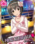  ahoge black_hair bridge brown_eyes character_name hair_ornament hands_on_own_chest idolmaster idolmaster_cinderella_girls jewelry kohinata_miho looking_at_viewer necklace night official_art open_mouth short_hair solo table water 