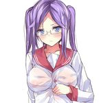  bespectacled blue_eyes bonkiru breasts glasses hiiragi_kagami large_breasts lucky_star older purple_hair ryouou_school_uniform school_uniform see-through serafuku short_hair simple_background solo twintails white_background 