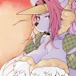  animal_ears breasts cleavage fake_horns forehead_protector furry horn large_breasts legend_of_mana long_hair purple_eyes purple_skin red_hair seiken_densetsu shoulder_pads sierra sindoll snout upper_body 