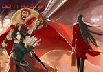  armor beard black_hair book cape dual_persona facial_hair fate/stay_night fate/zero fate_(series) green_eyes green_hair jacket long_coat long_hair lord_el-melloi_ii male_focus multiple_boys older red_eyes red_hair red_jacket rider_(fate/zero) suitcase sword waver_velvet weapon wirttian 