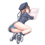 ass bare_legs blue_panties blush breasts brown_hair clothes_writing dress kantai_collection lying on_stomach panties pillow red_eyes sailor_dress short_hair simple_background small_breasts solo takada_kazuhiro underwear white_background z3_max_schultz_(kantai_collection) 