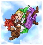  1girl blonde_hair blue_sky blush boots carrying closed_eyes couple day falling hat hetero hug kiiro_no_tobira knee_boots link long_hair long_skirt malon pantyhose pointy_ears princess_carry red_hair skirt sky the_legend_of_zelda the_legend_of_zelda:_ocarina_of_time tunic white_legwear 