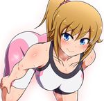  ass bent_over bike_shorts blue_eyes breasts brown_hair collarbone gundam gundam_build_fighters gundam_build_fighters_try hands_on_own_knees hoshino_fumina large_breasts long_hair ponpo ponytail scrunchie smile solo sports_bra sweat 