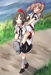  bad_id bad_pixiv_id black_hair blouse blush bow brown_hair carrying cross-laced_footwear embarrassed full_body grass grin hair_bow hands_on_another's_shoulders hat himekaidou_hatate kneehighs long_hair multiple_girls neck_ribbon piggyback red_eyes ribbon road shameimaru_aya shinmon_akika shoes short_hair skirt smile stream tengu tokin_hat touhou twintails walking water 