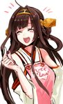  ahoge bad_id bad_pixiv_id blush_stickers brown_hair closed_eyes detached_sleeves hairband japanese_clothes kantai_collection kongou_(kantai_collection) long_hair nontraditional_miko open_mouth ruuto_(sorufu) simple_background smile solo white_background 