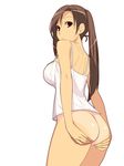  :/ ass bangs blouse bottomless breasts brown_hair camisole eyelashes from_behind from_below hands_on_ass highres ino kousaka_rino lace lace-trimmed_shirt large_breasts long_hair looking_at_viewer looking_back nape otome_function red_eyes shirt simple_background solo strap_gap swept_bangs tan tanline tareme twintails white_background 