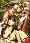  2girls abs armor black_hair breasts dark_skin echidna eiwa elf green_hair large_breasts long_hair lying multiple_girls official_art open_mouth pointy_ears queen&#039;s_blade queen's_blade red_eyes smile snake standing sword tomoe toned torn_clothes weapon 
