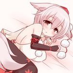  animal_ears bare_shoulders bed blush breasts bridal_gauntlets hat inubashiri_momiji large_breasts marshmallow_mille no_bra open_mouth pom_pom_(clothes) red_eyes short_hair sideboob silver_hair tail tokin_hat touhou wolf_ears wolf_tail 
