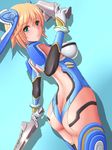 1girl armor ass back blonde_hair blush breasts butt_crack cyborg dual_wielding elbow_gloves fiorun from_behind gloves green_eyes headgear hiro_(hankakudouga) light_smile looking_at_viewer looking_back mecha_musume robot robot_girl shadow short_hair sideboob smile solo super_smash_bros. sword weapon what_if xenoblade 