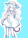  :o alternate_costume between_legs blue blue_background blush cat_tail cowboy_shot dress hat hat_ribbon helma_lennartz highres izuoku long_hair looking_at_viewer open_mouth outline puffy_short_sleeves puffy_sleeves ribbon sailor_dress short_sleeves sketch solo sun_hat tail world_witches_series 