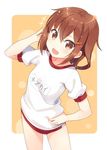  brown_eyes brown_hair fang hair_ornament hairclip hand_on_hip hyuuga_azuri ikazuchi_(kantai_collection) kantai_collection looking_at_viewer name_tag open_mouth short_hair solo sportswear 