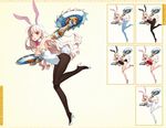  animal_ears black_legwear blue_legwear blush breasts bunny_ears bunny_tail bunnysuit cleavage eiyuu_senki gauntlets high_heels highres long_hair looking_at_viewer medium_breasts ooyari_ashito pantyhose pink_eyes sir_percival_(eiyuu_senki) smile solo tail white_hair white_legwear 