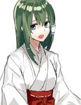  bad_id bad_pixiv_id brown_hair green_eyes green_hair japanese_clothes kochiya_sanae long_hair miko open_mouth ruuto_(sorufu) simple_background solo touhou white_background 