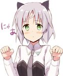  :o animal_ears blush cat_ears glastonbury1966 green_eyes long_sleeves military military_uniform necktie open_mouth paw_pose sanya_v_litvyak short_hair silver_hair simple_background solo strike_witches translated uniform upper_body white_background world_witches_series 
