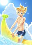  banana_boat blonde_hair blue_eyes bulge character_name cloud day headset inflatable_toy kagamine_len kuro_i male_focus male_swimwear navel on_banana sky smile solo swim_trunks swimwear vocaloid water 