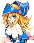  bad_id bad_pixiv_id blonde_hair blue_eyes blush_stickers breasts cleavage dark_magician_girl downblouse duel_monster looking_at_viewer medium_breasts ruuto_(sorufu) simple_background smile solo top_pull white_background yuu-gi-ou 
