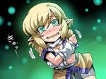  arm_warmers blonde_hair blush commentary_request crossed_arms fang green_eyes highres looking_at_viewer mizuhashi_parsee open_mouth pointy_ears sash scarf shirt skirt solo tears touhou tsuki_wani wavy_mouth 
