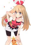  :q bare_shoulders bike_shorts blue_eyes blush brown_hair haruka_(pokemon) leaning_forward long_hair looking_at_viewer poke_ball pokemon pokemon_(creature) pokemon_(game) pokemon_oras s_sasaki_09140 smile star strap_slip tongue tongue_out 