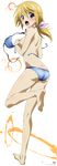  absurdres ass barefoot bikini blonde_hair blue_bikini blush breasts charlotte_dunois covering covering_breasts d: flat_ass full_body highres infinite_stratos leg_up long_legs looking_back medium_breasts open_mouth purple_eyes sideboob swimsuit wardrobe_malfunction 