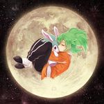  closed_eyes fei_rune fetal_position full_body green_hair inazuma_eleven_(series) inazuma_eleven_go inazuma_eleven_go_chrono_stone male_focus moon riho sky solo space star_(sky) starry_sky stuffed_animal stuffed_bunny stuffed_toy tears 