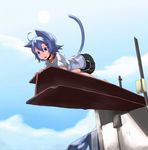  ahoge animal_ears bell bell_collar blue_eyes blue_hair cat_ears cat_tail cloud collar day from_below hair_between_eyes hair_ornament hairclip i-beam looking_down open_mouth original shirt short_hair shorts solo t-shirt tail wk_(low-f) 