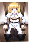  1girl artist_request bdsm blonde_hair blue_eyes blush bondage bound breasts breasts_apart chair dress long_hair looking_at_viewer open_clothes open_dress open_mouth panties sitting solo thighhighs tongue torn_clothes torn_dress underwear white_dress 