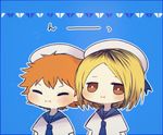  ayu_(mog) bad_id bad_pixiv_id blonde_hair blue_background blush brown_eyes closed_eyes haikyuu!! hat hinata_shouyou kozume_kenma lowres male_focus multiple_boys orange_hair sailor_collar sailor_hat upper_body 