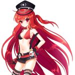  alternate_costume bikini_top braid chain elesis_(elsword) elsword expressionless gloves grand_master_(elsword) half_updo haruya_(lajoon) hat long_hair midriff navel red_eyes red_hair shorts solo standing striped striped_legwear suspenders thighhighs very_long_hair white_background 