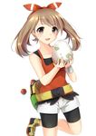  bare_shoulders bike_shorts brown_eyes brown_hair egg haruka_(pokemon) highres holding_egg natsume_kei poke_ball poke_ball_(generic) pokemon pokemon_(game) pokemon_oras shorts solo 