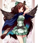  alternate_costume arm_up bad_id bad_pixiv_id belt black_wings bow brown_hair cape gloves green_legwear hair_bow highres long_hair looking_at_viewer open_mouth pleated_skirt pouch red_eyes reiuji_utsuho s-syogo single_thighhigh skirt sleeveless smile solo thighhighs touhou wings 