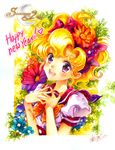  blonde_hair blush bow dated flower hair_flower hair_ornament happy_new_year juni_(sometimes) nashi_juni new_year open_mouth purple_eyes signature solo sometimes_she's_the_light upper_body 